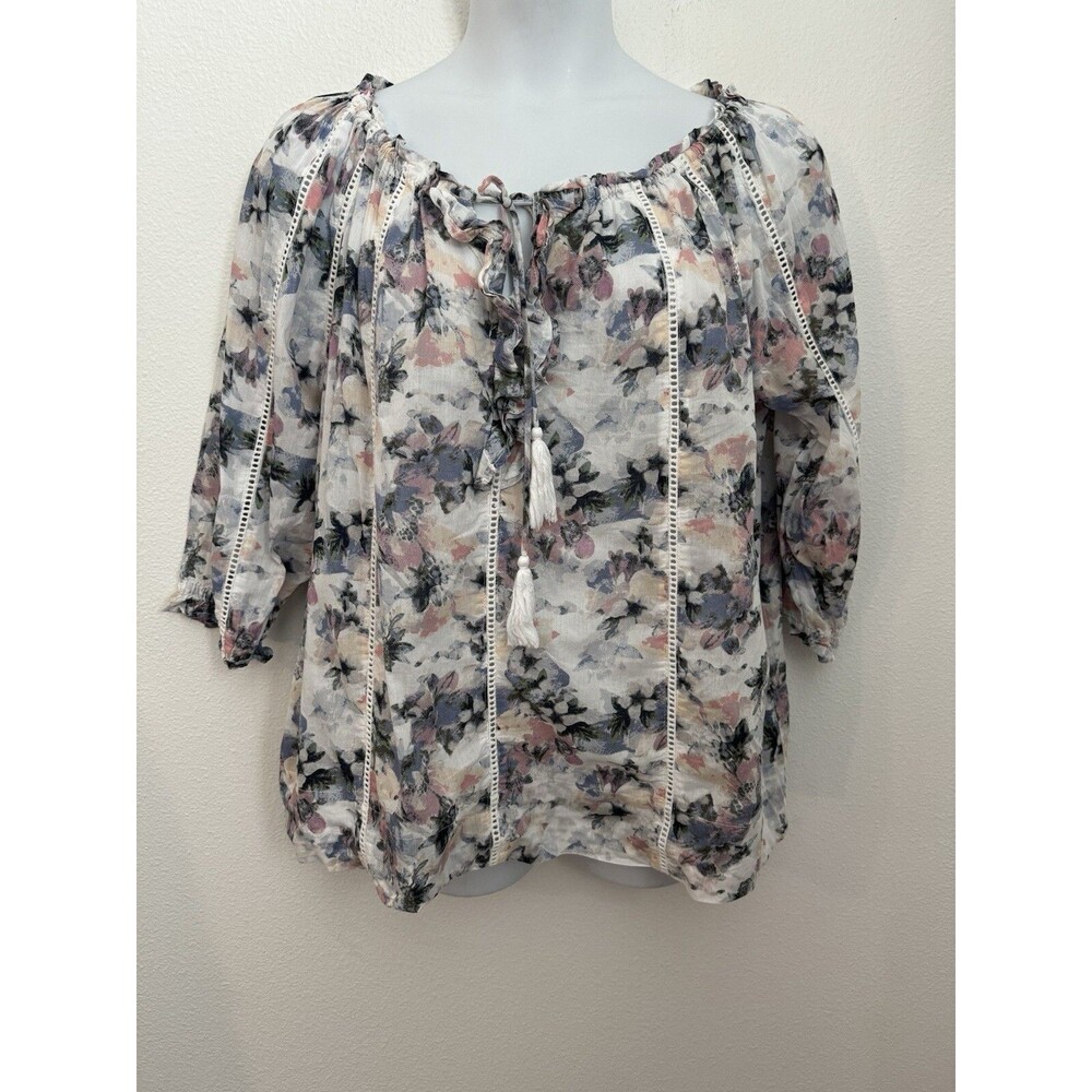 Caffe Marrakesh Blouse Tunic Large Boho Peasant Crochet Trim Blue White Pink EUC
